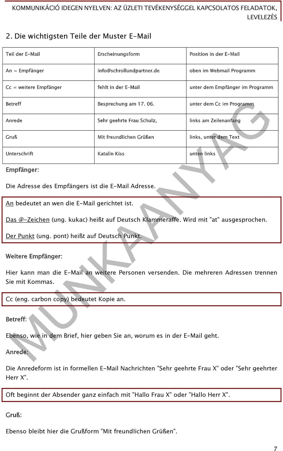 unter dem Cc im Programm Anrede Sehr geehrte Frau Schulz, links am Zeilenanfang Gruß Mit freundlichen Grüßen links, unter dem Text Unterschrift Katalin Kiss unten links Empfänger: Die Adresse des