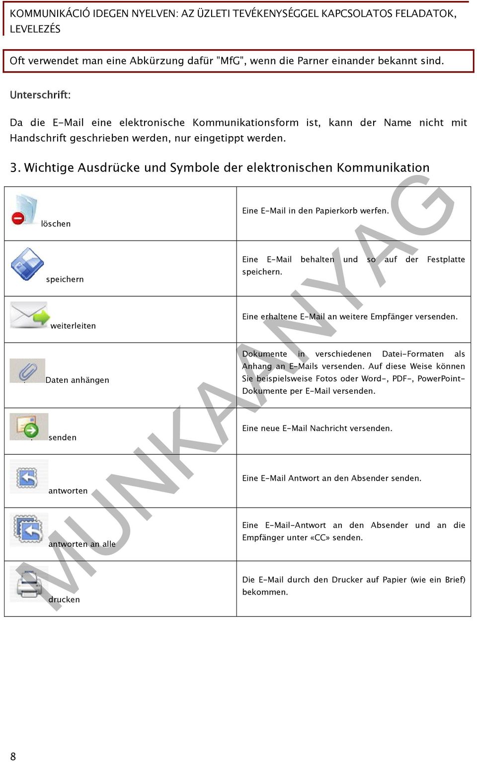 Wichtige Ausdrücke und Symbole der elektronischen Kommunikation löschen speichern weiterleiten Daten anhängen senden antworten antworten an alle drucken Eine E-Mail in den Papierkorb werfen.