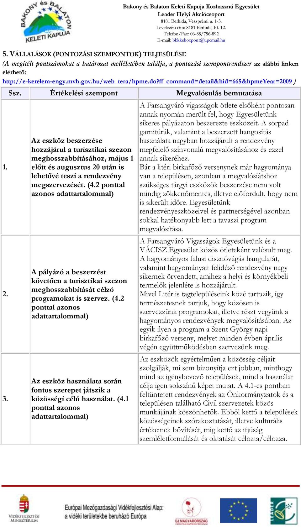 VÁLLALÁSOK (PONTOZÁSI SZEMPONTOK) TELJESÜLÉSE (A megítélt pontszámokat a határozat melléletében találja, a pontozási szempontrendszer az slábbi linken elérhető: http://e-kerelem-engy.mvh.gov.