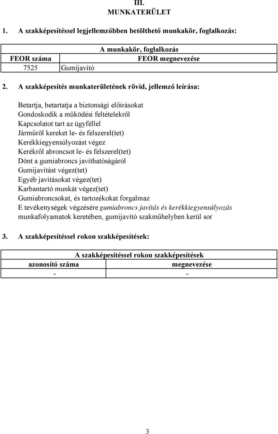 felszerel(tet) Kerékkiegyensúlyozást végez Kerékről abroncsot le- és felszerel(tet) Dönt a gumiabroncs javíthatóságáról Gumijavítást végez(tet) Egyéb javításokat végez(tet) Karbantartó munkát