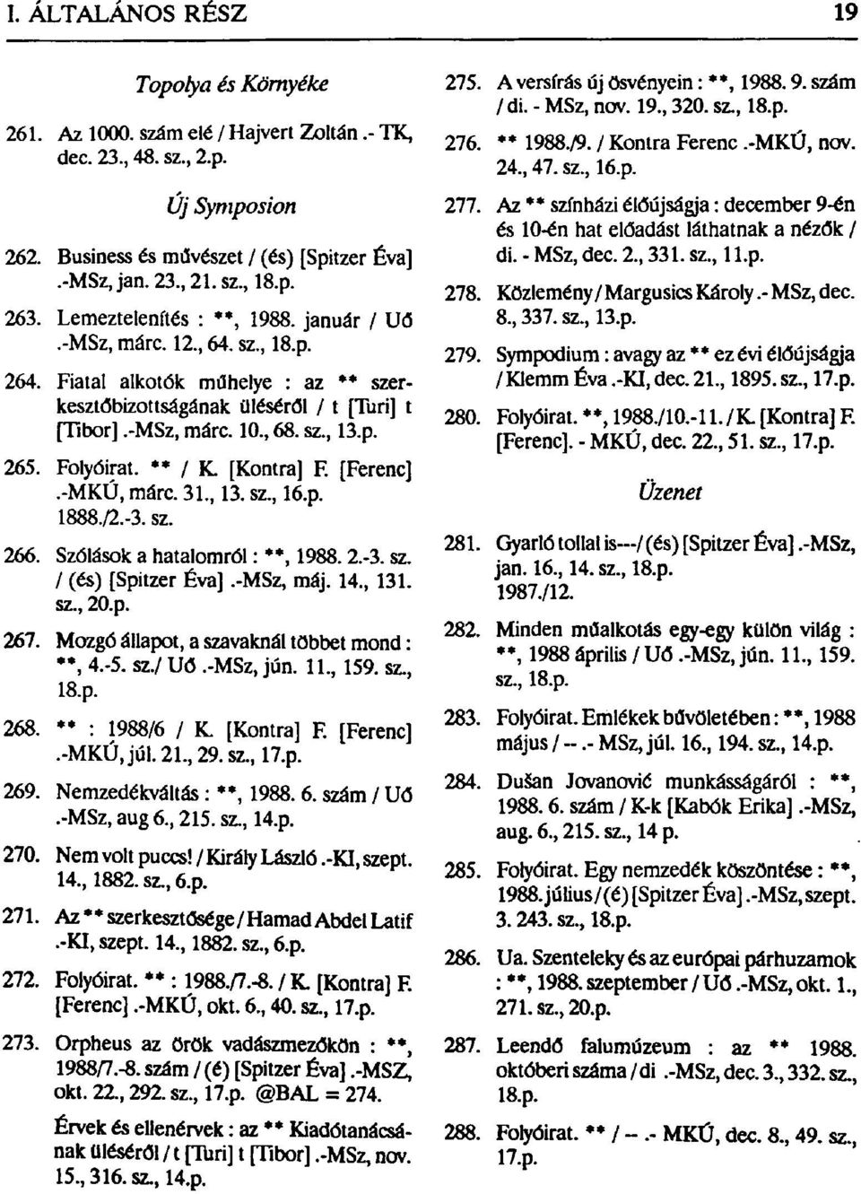 Folyóirat. / K [Kontra] F. [Ferenc].-MKÚ, márc. 31, 13. sz, 16.p. 1888./2.-3. sz. 266. Szólások a hatalomról: *, 1988.2.-3. sz. / (és) [Spitzer Éva].-MSz, máj. 14, 131. sz, 20.p. 267.