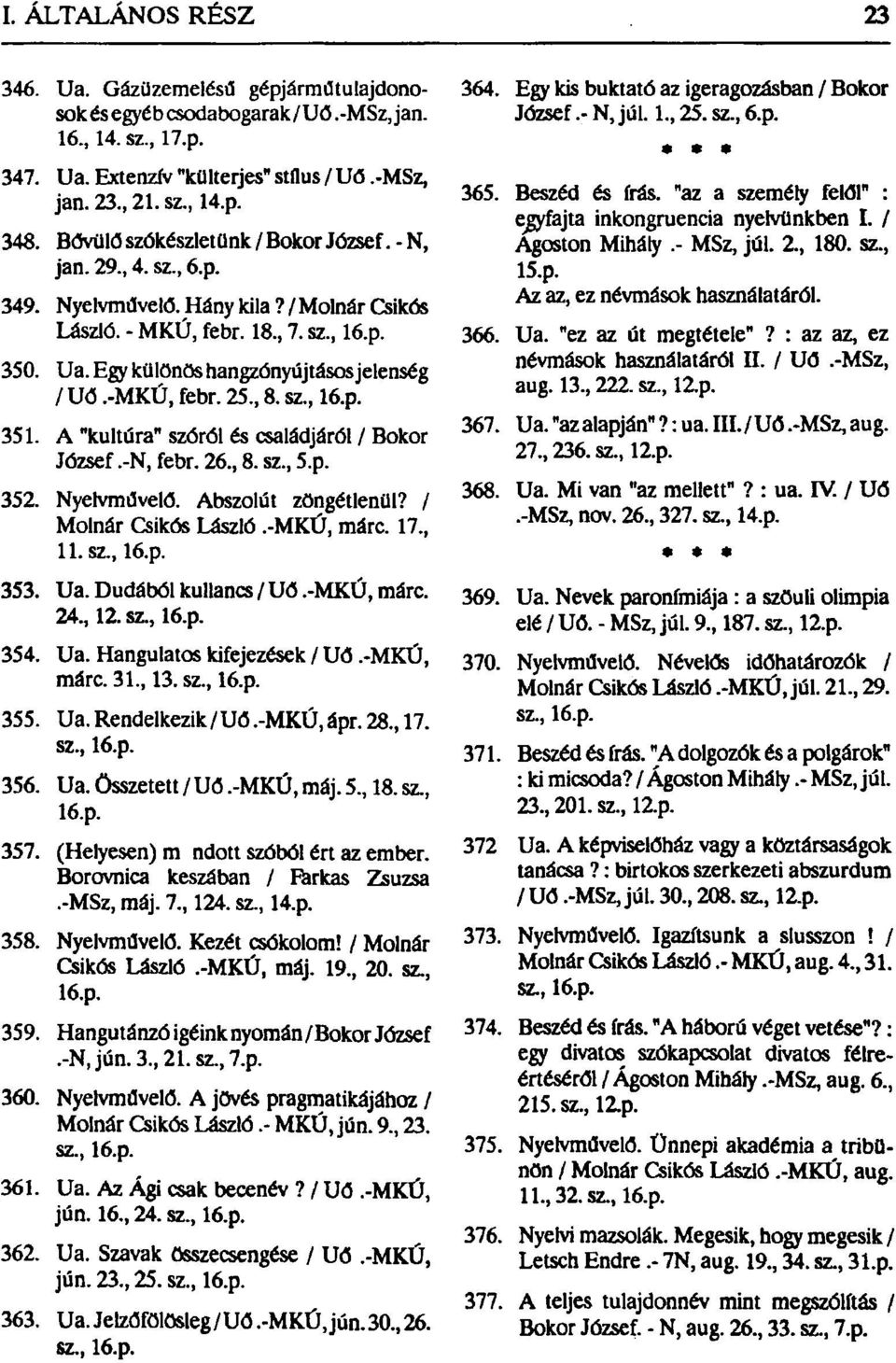 -MKÚ, febr. 25, 8. sz, 16.p. 351. A "kultúra" szóról és családjáról / Bokor József.-N, febr. 26, 8. sz, 5.p. 352. Nyelvművelő. Abszolút zöngétlenül? / Molnár Csikós László.-MKÚ, márc. 17, 11. sz, 16.p. 353.