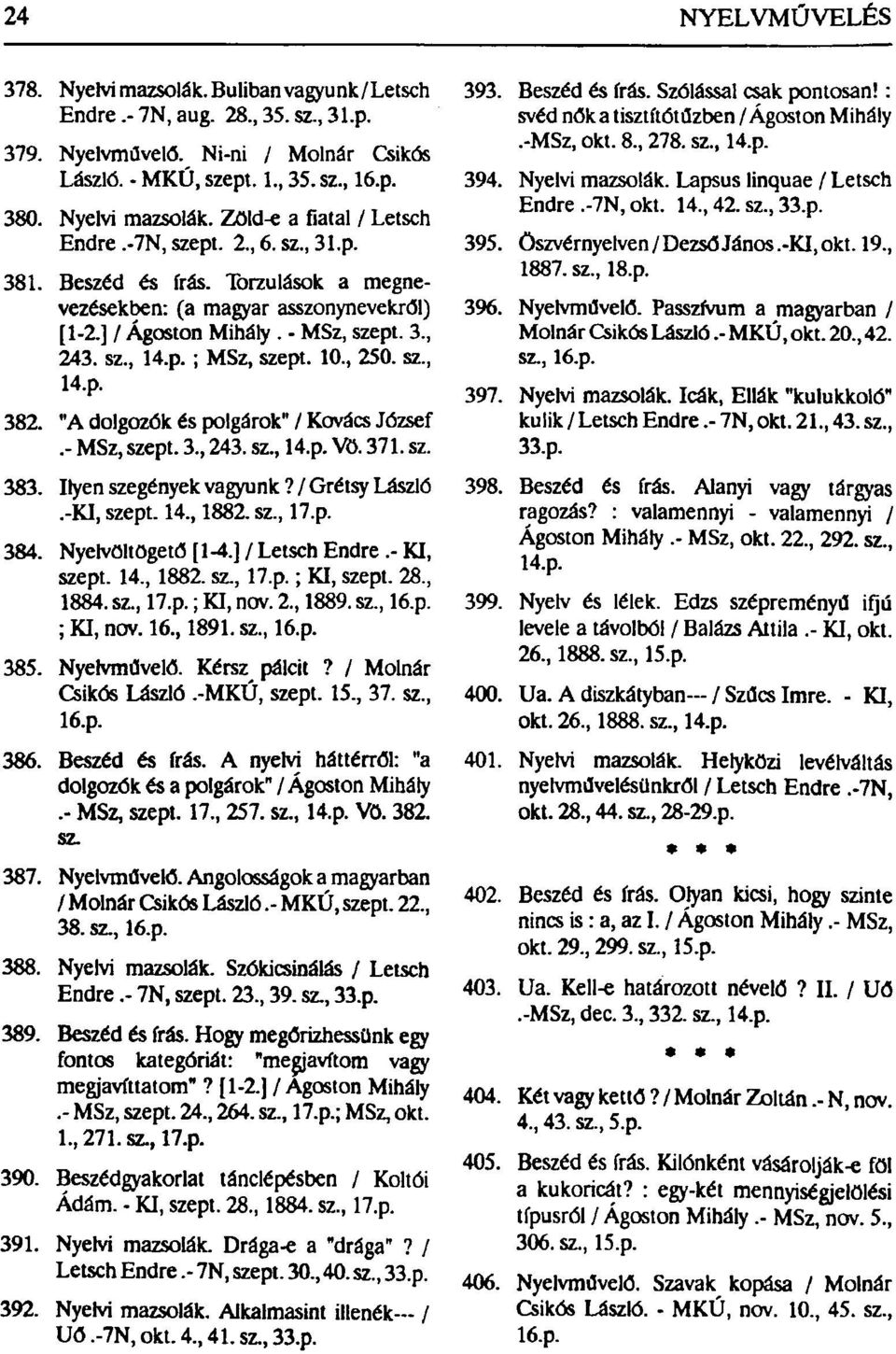 10, 250. sz, 14.p. 382. "A dolgozók és polgárok" / Kovács József.- MSz, szept. 3, 243. sz, 14.p. Vö. 371. sz. 383. Ilyen szegények vagyunk?/grétsy László.-KI, szept. 14, 1882. sz, 17.p. 384.