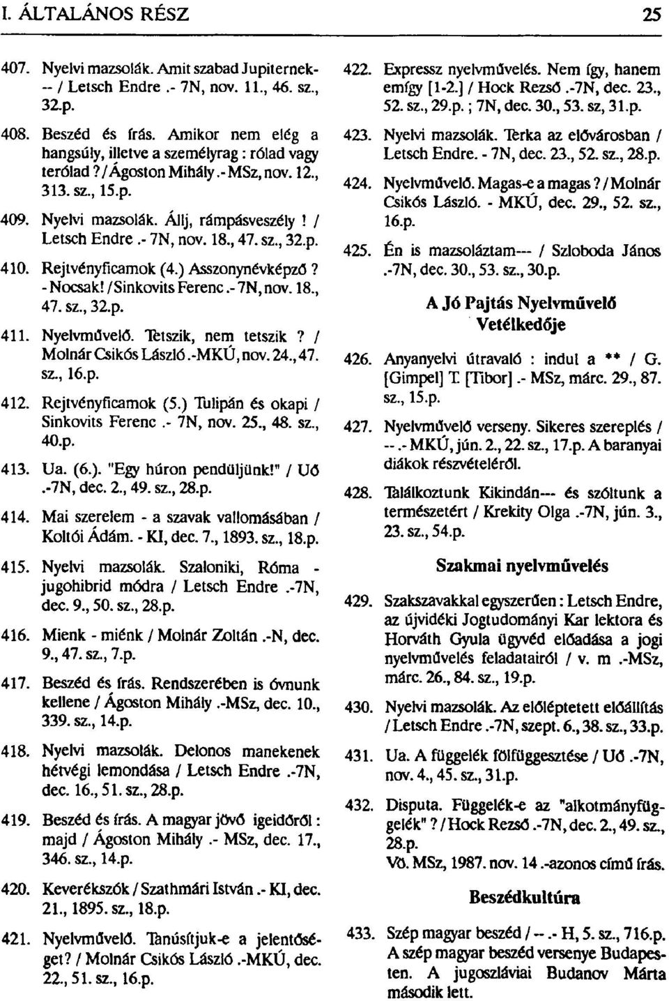 Nyelvművelő. Tetszik, nem tetszik? / Molnár Csikós László.-MKÚ, nov. 24, 47. sz, 16.p. 412. Rejtvényficamok (5.) Tulipán és okapi / Sinkovits Ferenc.- 7N, nov. 25, 48. sz, 40.p. 413. Ua. (6.). "Egy húron pendüljünk!