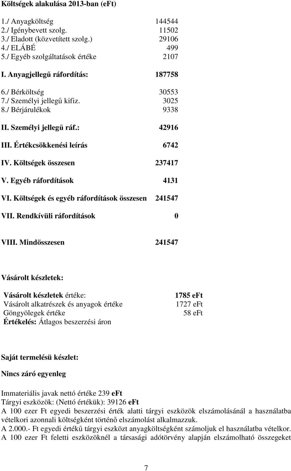 Költségek összesen 237417 V. Egyéb ráfordítások 4131 VI. Költségek és egyéb ráfordítások összesen 241547 VII. Rendkívüli ráfordítások 0 VIII.