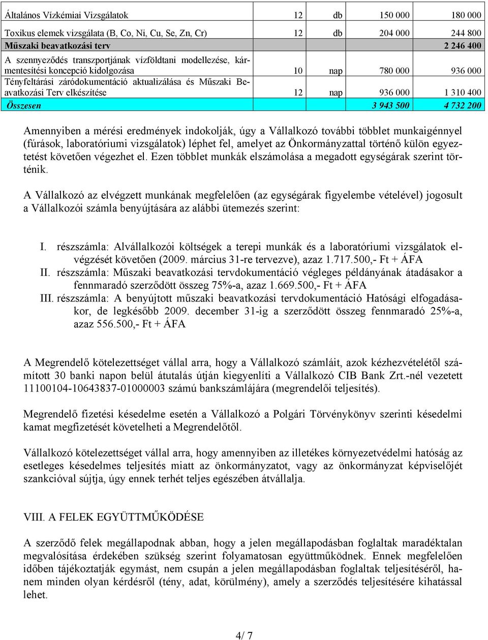 Összesen 3 943 500 4 732 200 Amennyiben a mérési eredmények indokolják, úgy a Vállalkozó további többlet munkaigénnyel (fúrások, laboratóriumi vizsgálatok) léphet fel, amelyet az Önkormányzattal