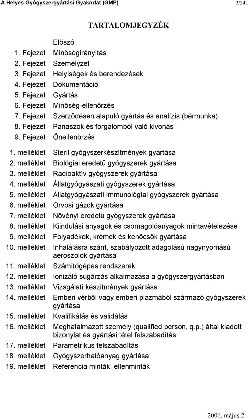 melléklet Steril gyógyszerkészítmények gyártása 2. melléklet Biológiai eredet gyógyszerek gyártása 3. melléklet Radioaktív gyógyszerek gyártása 4. melléklet Állatgyógyászati gyógyszerek gyártása 5.