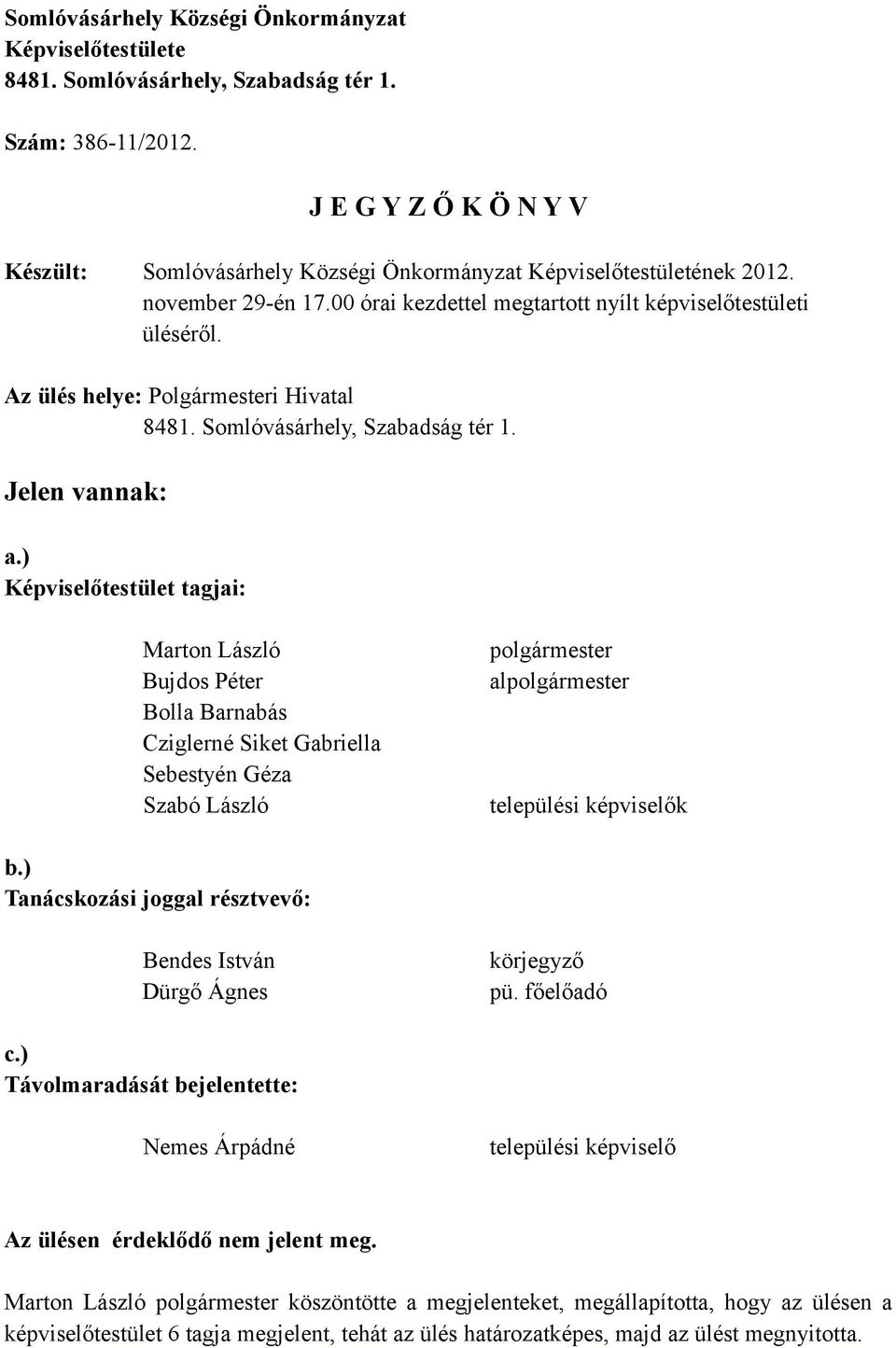 Az ülés helye: Polgármesteri Hivatal 8481. Somlóvásárhely, Szabadság tér 1. Jelen vannak: a.