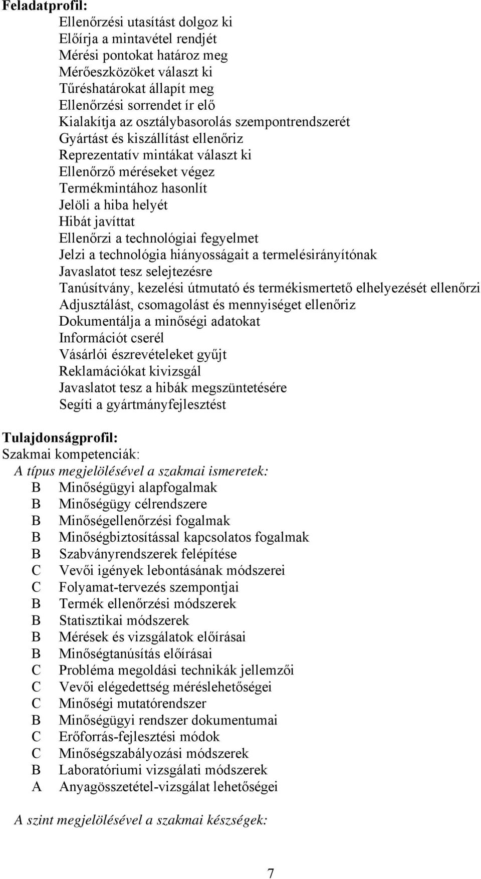 Ellenőrzi a technológiai fegyelmet Jelzi a technológia hiányosságait a termelésirányítónak Javaslatot tesz selejtezésre Tanúsítvány, kezelési útmutató és termékismertető elhelyezését ellenőrzi