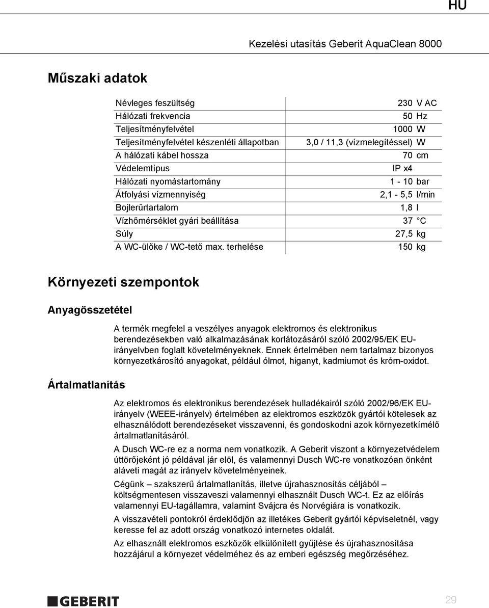 terhelése 150 kg Környezeti szempontok Anyagösszetétel Ártalmatlanítás A termék megfelel a veszélyes anyagok elektromos és elektronikus berendezésekben való alkalmazásának korlátozásáról szóló