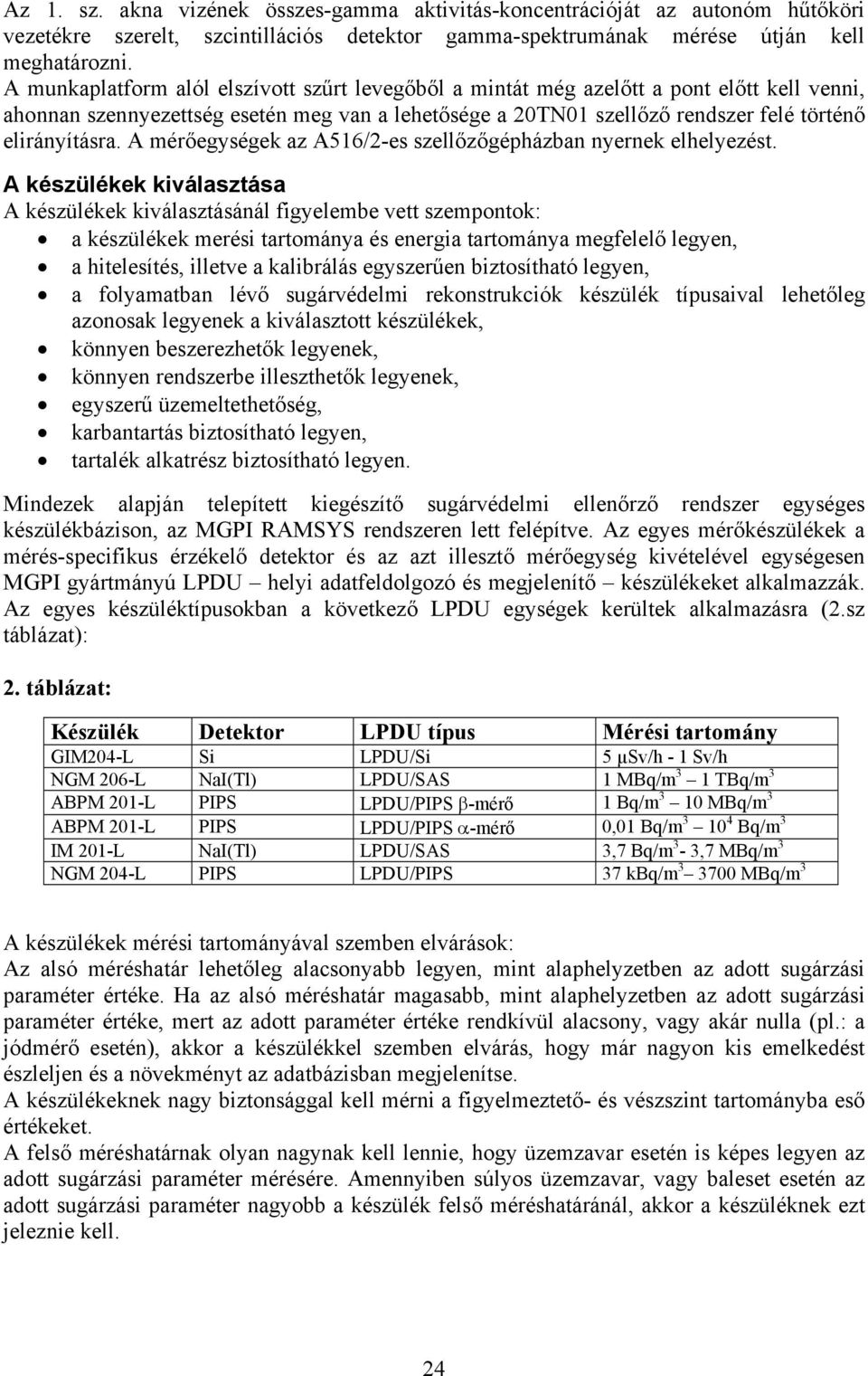 A mérőegységek az A516/2-es szellőzőgépházban nyernek elhelyezést.