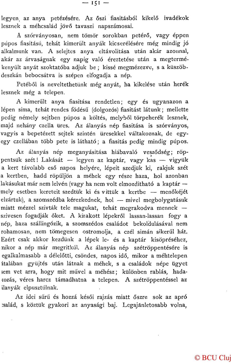A selejtes anya eltávolítása után akár azonnal, akár az árvaságnak egy napig való éreztetése után a megtermékenyült anyát szoktatóba adjuk be ; kissé megmézezve, s a küszöbdes2kán bebocsátva is