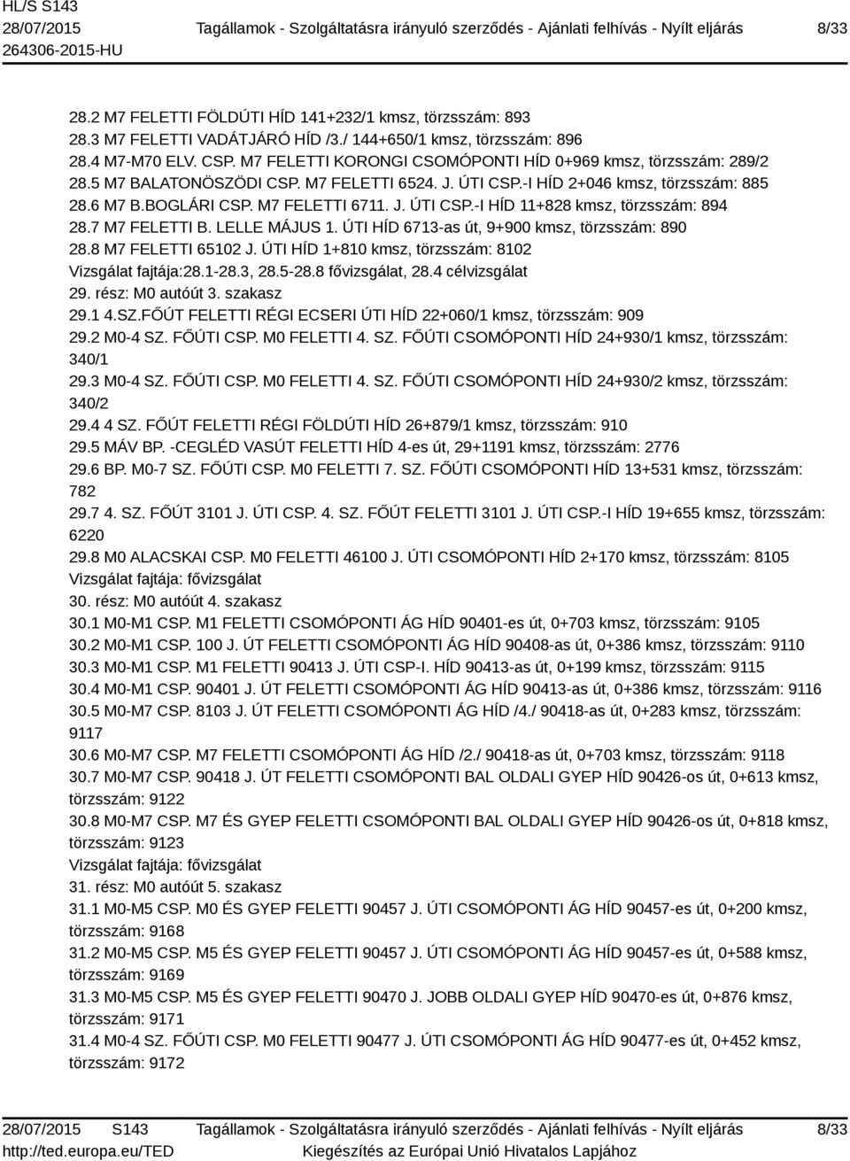 7 M7 FELETTI B. LELLE MÁJUS 1. ÚTI HÍD 6713-as út, 9+900 kmsz, törzsszám: 890 28.8 M7 FELETTI 65102 J. ÚTI HÍD 1+810 kmsz, törzsszám: 8102 Vizsgálat fajtája:28.1-28.3, 28.5-28.8 fővizsgálat, 28.