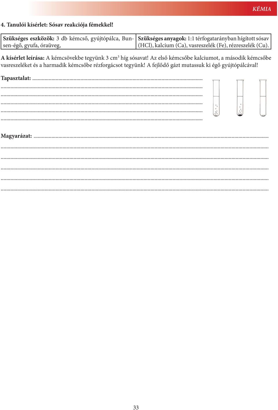 sósav (HCl), kalcium (Ca), vasreszelék (Fe), rézreszelék (Cu). A kísérlet leírása: A kémcsövekbe tegyünk 3 cm 3 híg sósavat!