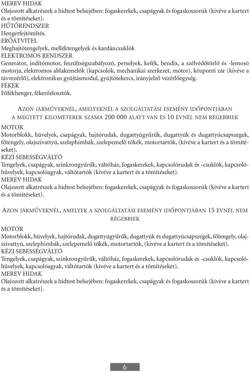 elektromos ablakemelôk (kapcsolók, mechanikai szerkezet, motor), központi zár (kivéve a távvezérlô), elektronikus gyújtásmodul, gyújtótekercs, irányjelzô vezérlôegység.