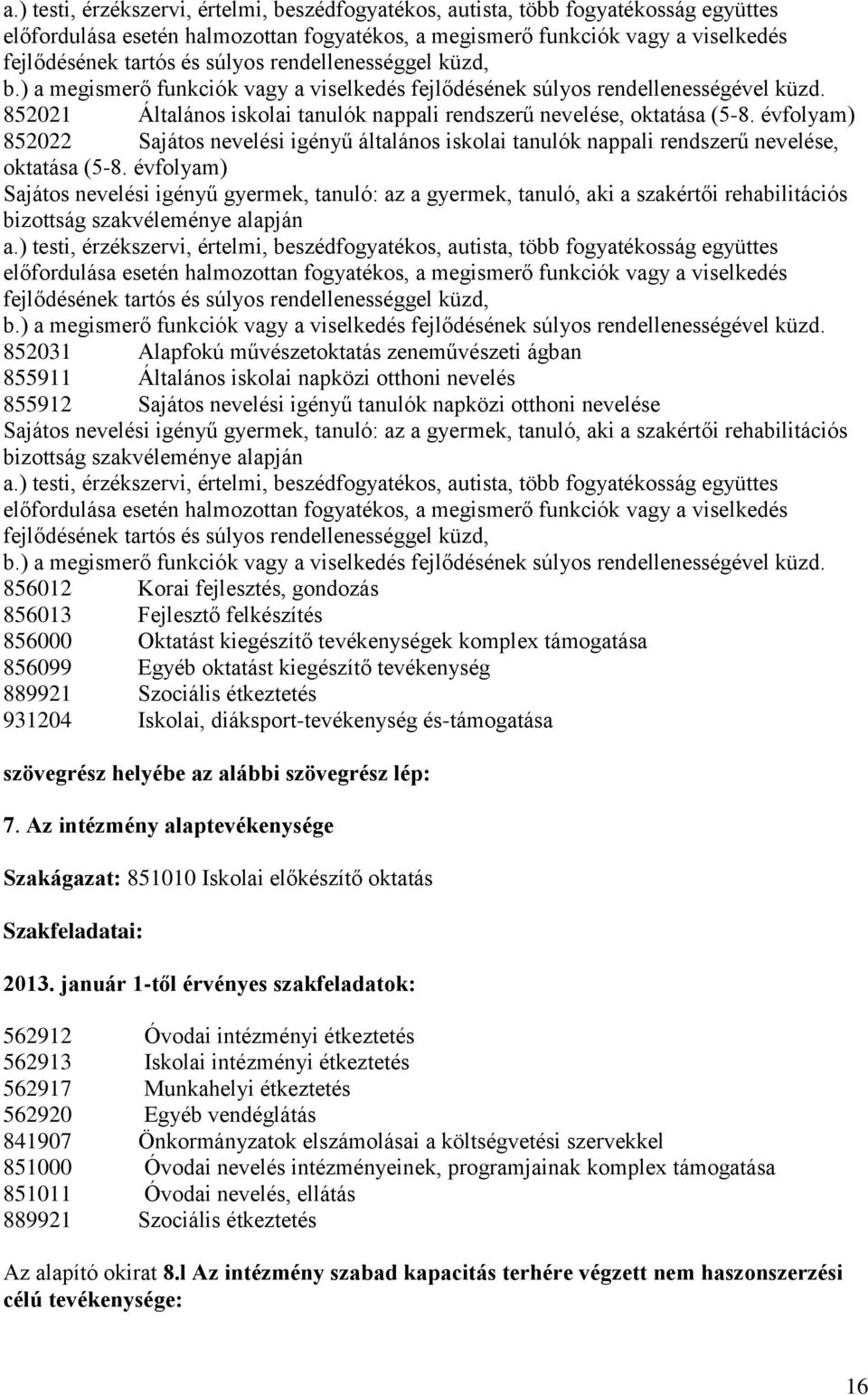 évfolyam) 852022 Sajátos nevelési igényű általános iskolai tanulók nappali rendszerű nevelése, oktatása (5-8.