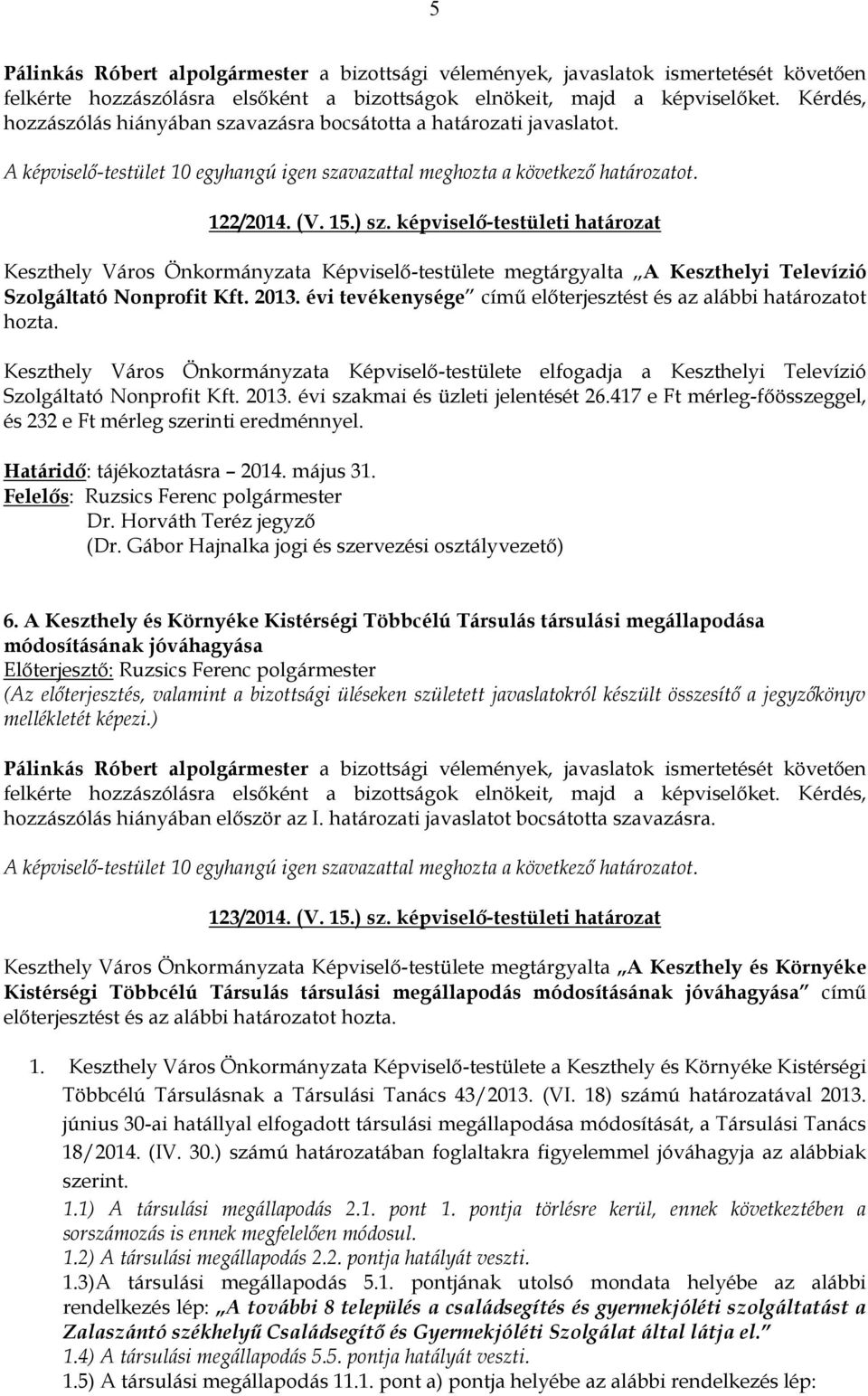 képviselő-testületi határozat Keszthely Város Önkormányzata Képviselő-testülete megtárgyalta A Keszthelyi Televízió Szolgáltató Nonprofit Kft. 2013.