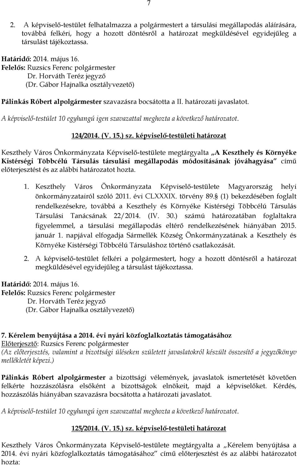 A képviselő-testület 10 egyhangú igen szavazattal meghozta a következő határozatot. 124/2014. (V. 15.) sz.