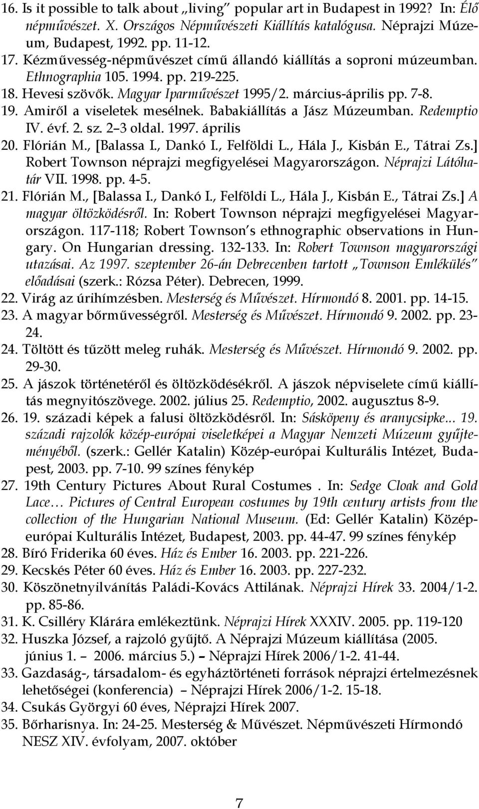 Babakiállítás a Jász Múzeumban. Redemptio IV. évf. 2. sz. 2 3 oldal. 1997. április 20. Flórián M., [Balassa I., Dankó I., Felföldi L., Hála J., Kisbán E., Tátrai Zs.