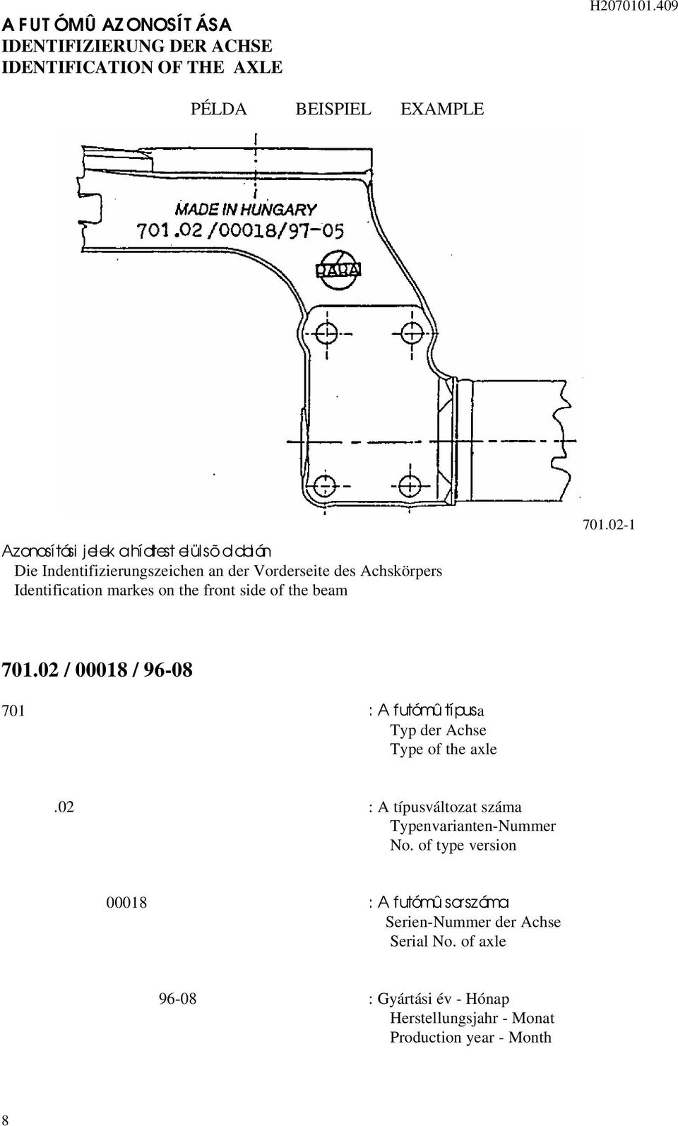 Identification markes on the front side of the beam 70.0-70.0 / 0008 / 96-08 70 : A futómû típusa Typ der Achse Type of the axle.