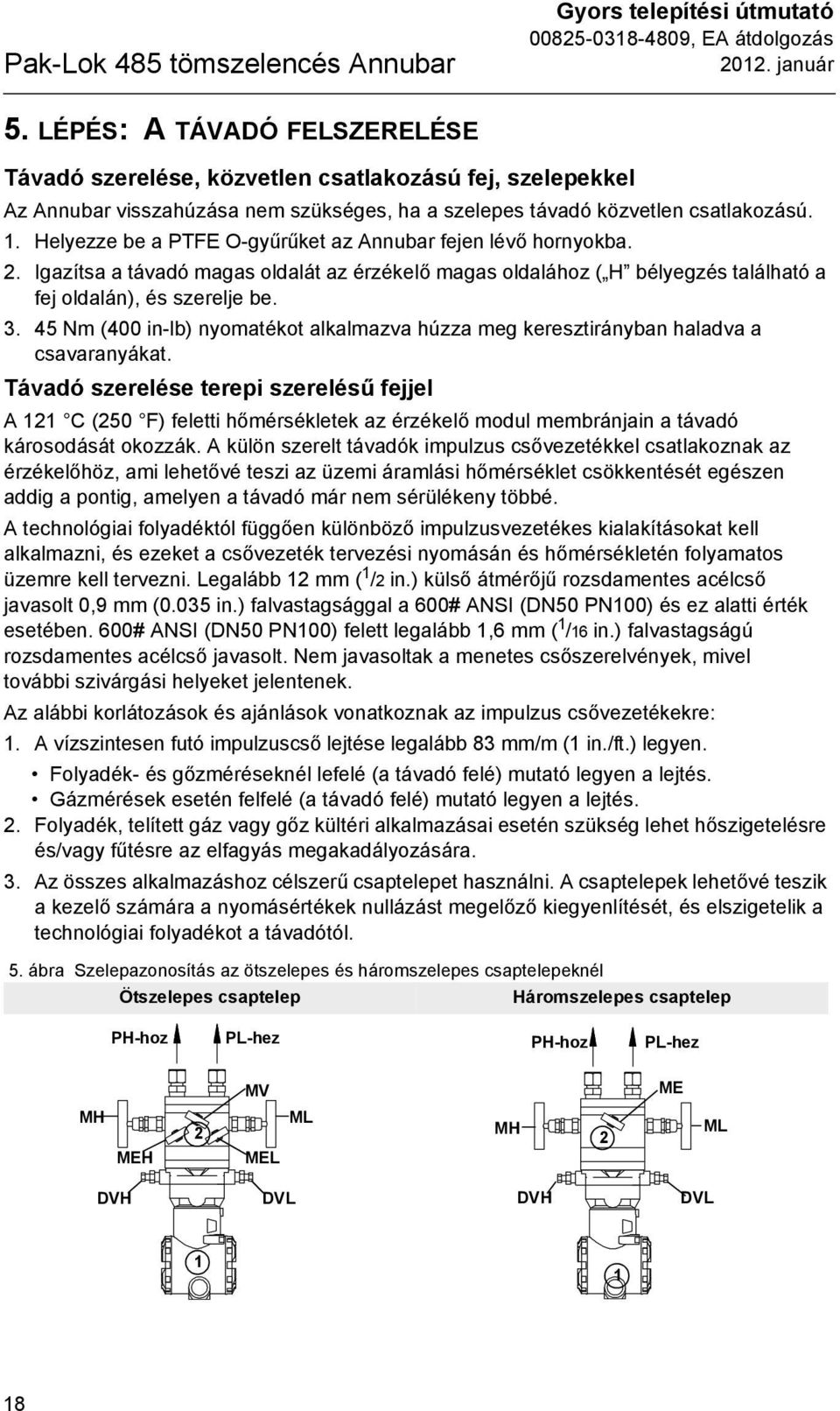 Helyezze be a PTFE O-gyűrűket az Annubar fejen lévő hornyokba. 2. Igazítsa a távadó magas oldalát az érzékelő magas oldalához ( H bélyegzés található a fej oldalán), és szerelje be. 3.