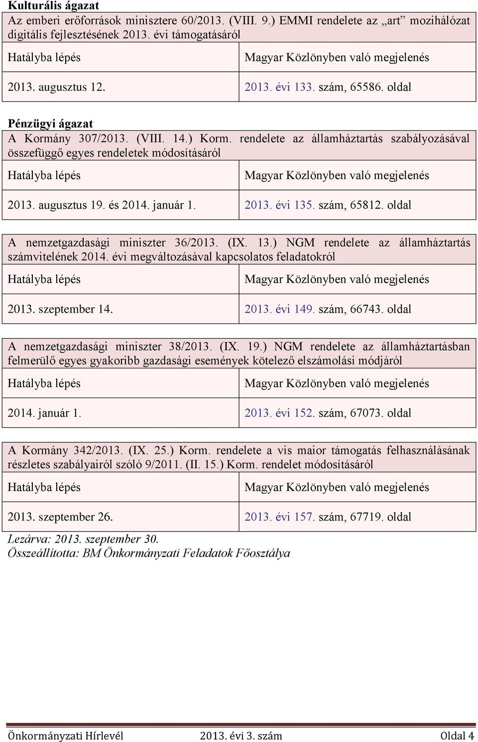 rendelete az államháztartás szabályozásával összefüggő egyes rendeletek módosításáról Hatályba lépés Magyar Közlönyben való megjelenés 2013. augusztus 19. és 2014. január 1. 2013. évi 135.