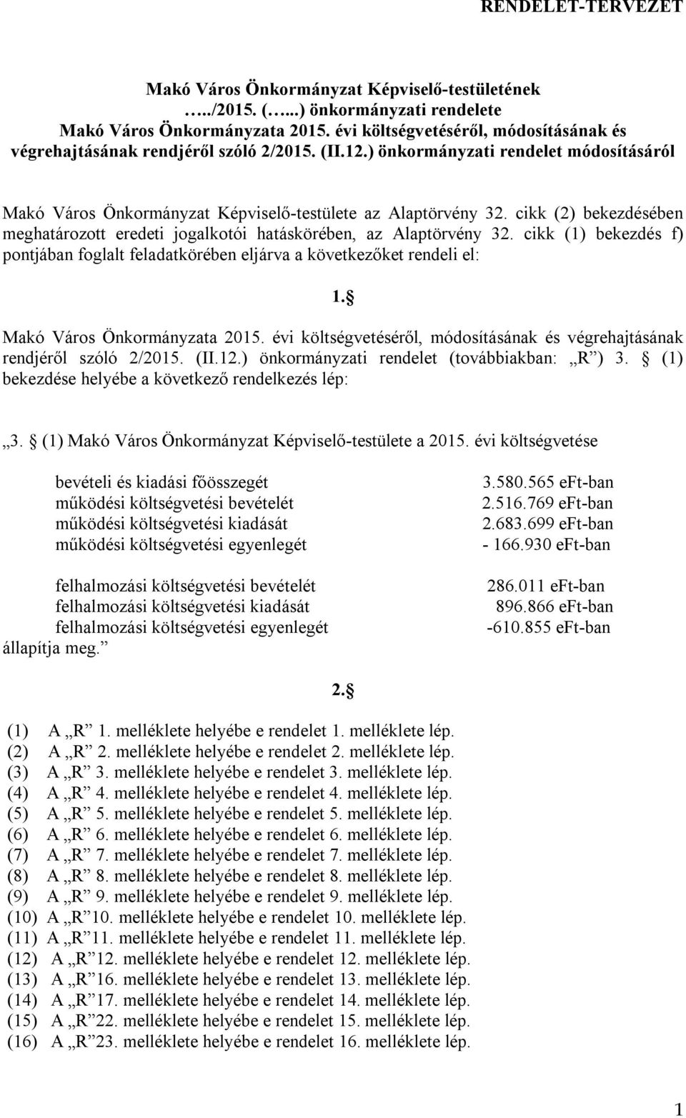 cikk (1) bekezdés f) pontjában foglalt feladatkörében eljárva a következőket rendeli el: 1. Makó Város Önkormányzata költségvetéséről, módosításának és végrehajtásának rendjéről szóló 2/2015. (II.12.