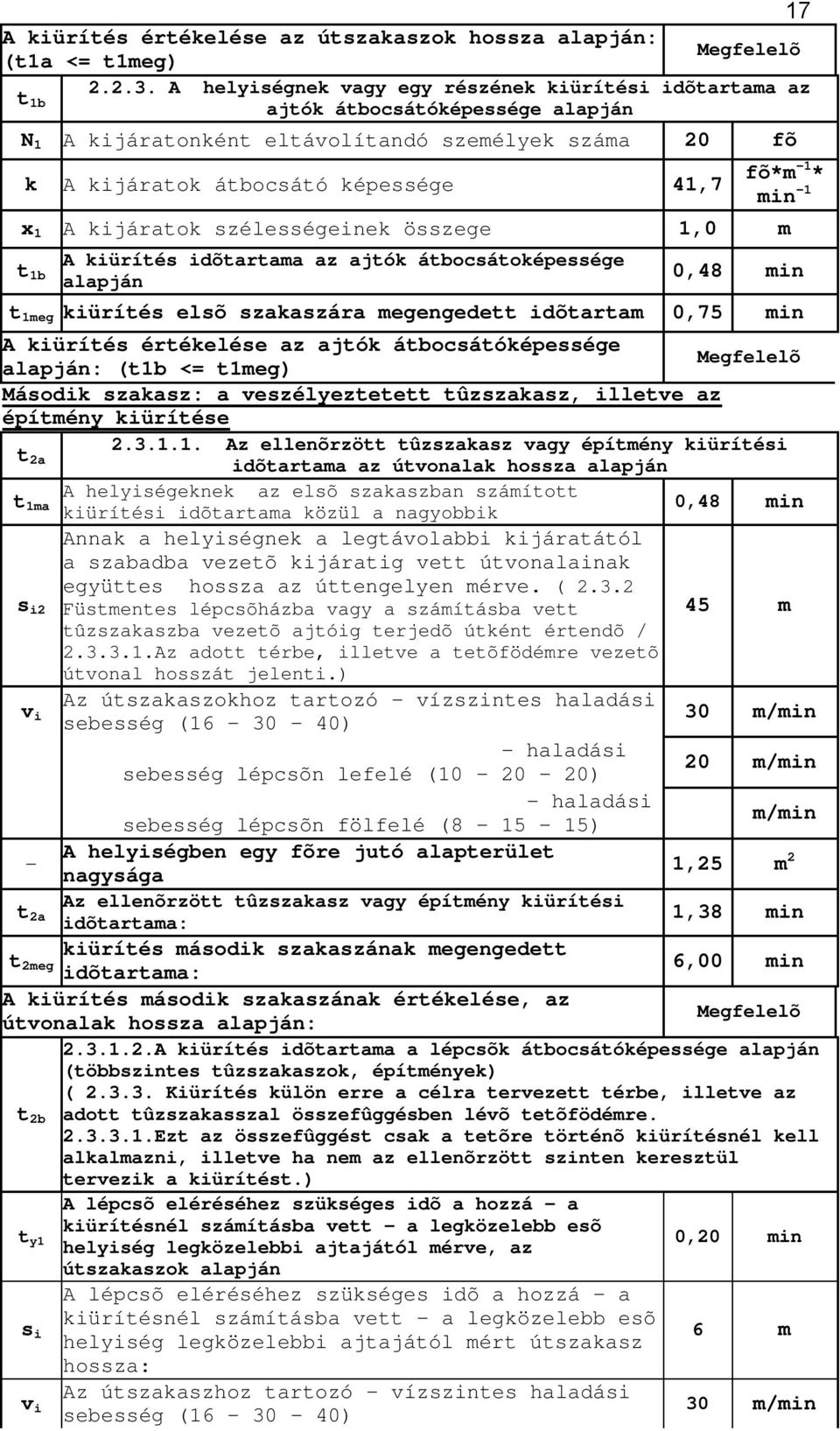 min 1 x 1 A kijáratok szélességeinek összege 1,0 m t 1b A kiürítés idõtartama az ajtók átbocsátoképessége alapján t 1meg kiürítés elsõ szakaszára megengedett idõtartam 0,75 0,48 min A kiürítés