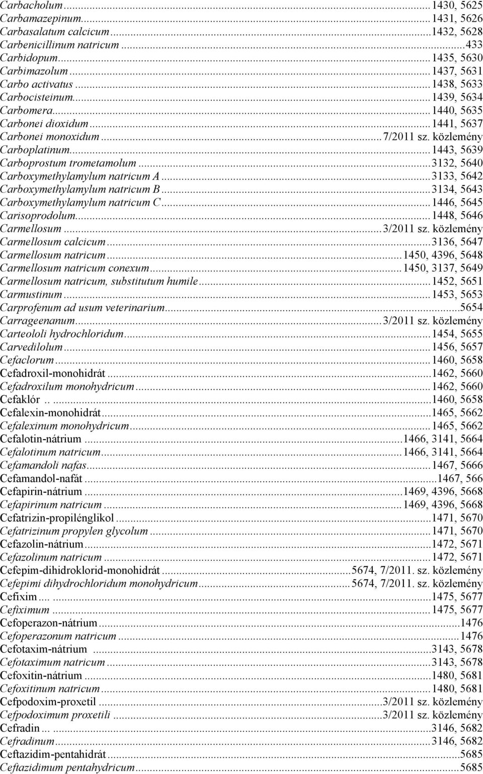 ..3132, 5640 Carboxymethylamylum natricum A...3133, 5642 Carboxymethylamylum natricum B...3134, 5643 Carboxymethylamylum natricum C...1446, 5645 Carisoprodolum...1448, 5646 Carmellosum...3/2011 sz.