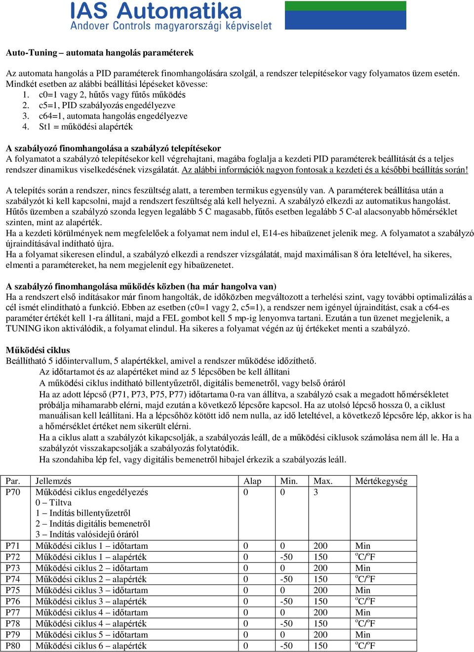 St1 = működési alapérték A szabályozó finomhangolása a szabályzó telepítésekor A folyamatot a szabályzó telepítésekor kell végrehajtani, magába foglalja a kezdeti PID paraméterek beállítását és a