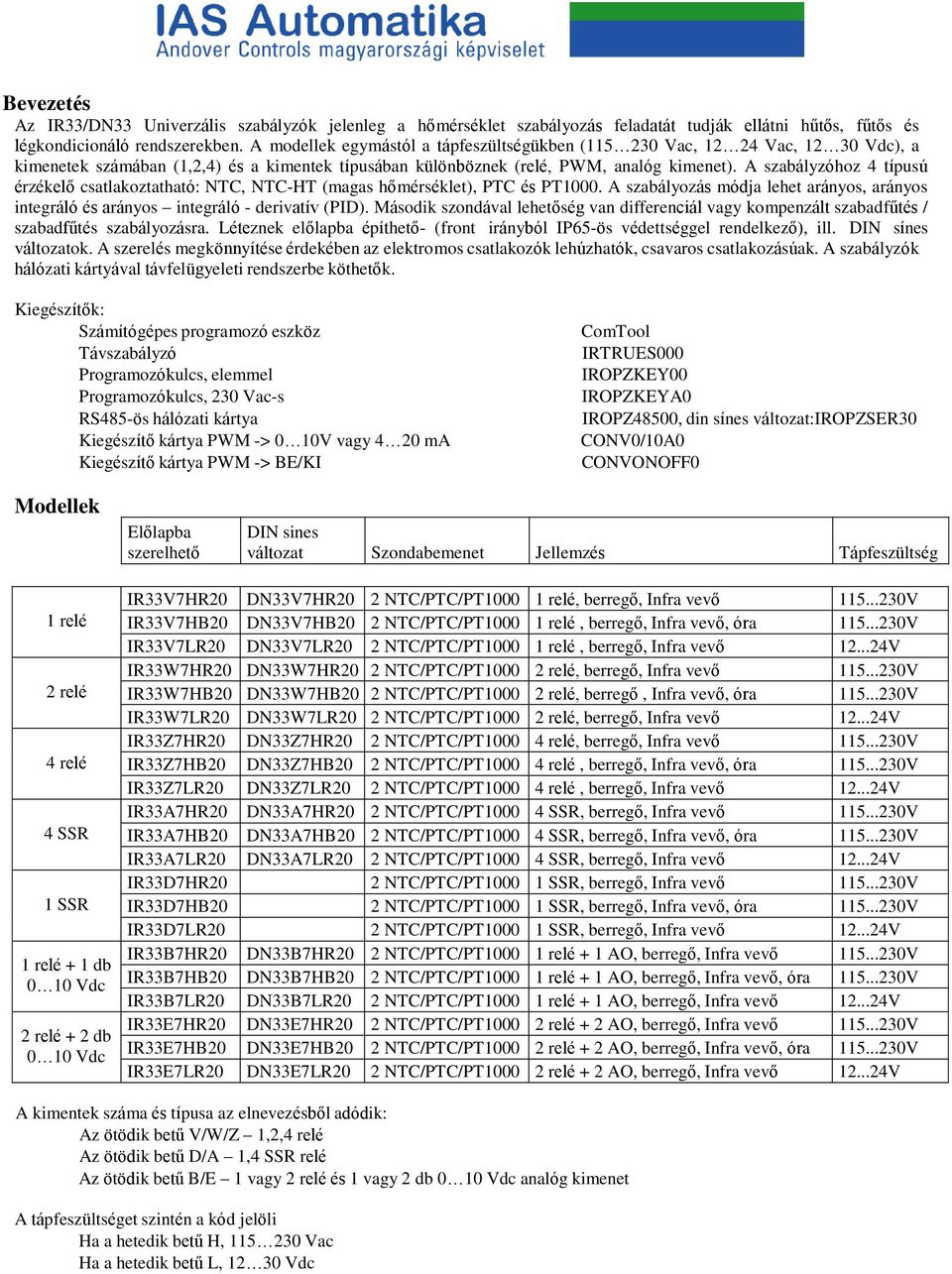 A szabályzóhoz 4 típusú érzékelő csatlakoztatható: NTC, NTC-HT (magas hőmérséklet), PTC és PT1000. A szabályozás módja lehet arányos, arányos integráló és arányos integráló - derivatív (PID).