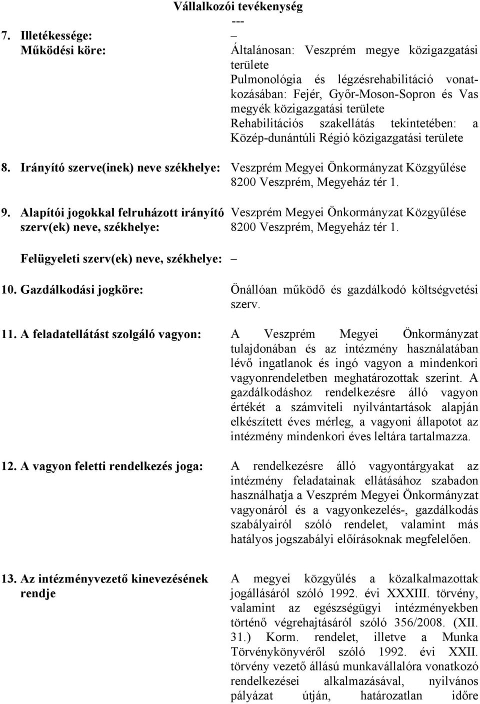 Irányító szerve(inek) neve székhelye: Veszprém Megyei Önkormányzat Közgyűlése 8200 Veszprém, Megyeház tér 1. 9.