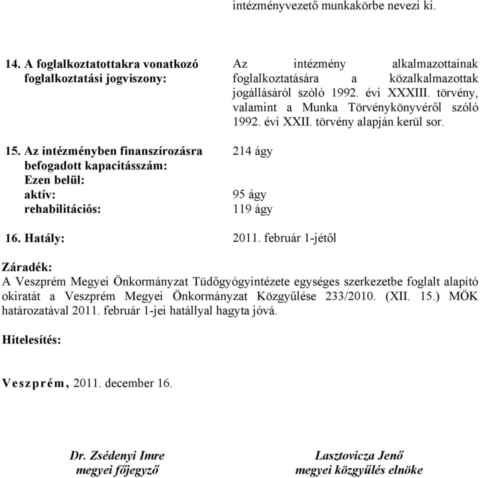 törvény, valamint a Munka Törvénykönyvéről szóló 1992. évi XXII. törvény alapján kerül sor. 214 ágy 95 ágy 119 ágy 16. Hatály: 2011.