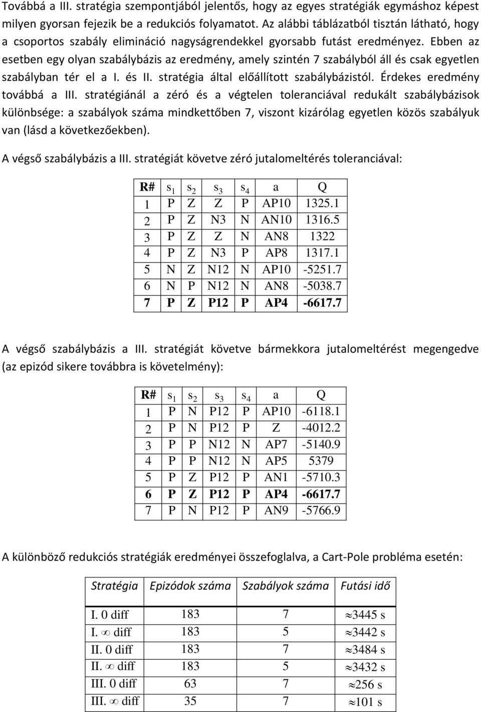 Ebben az esetben egy olyan szabálybázis az eredmény, amely szintén 7 szabályból áll és csak egyetlen szabályban tér el a I. és II. stratégia által előállított szabálybázistól.