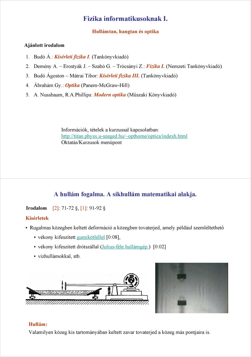 Nussbaum, R.A.Phillips: Moder optika (Műszaki Köyvkiadó) Iformációk, tételek a kurzussal kapcsolatba: http://tita.physx.u-szeged.hu/~opthome/optics/idexh.html Oktatás/Kurzusok meüpot A hullám fogalma.