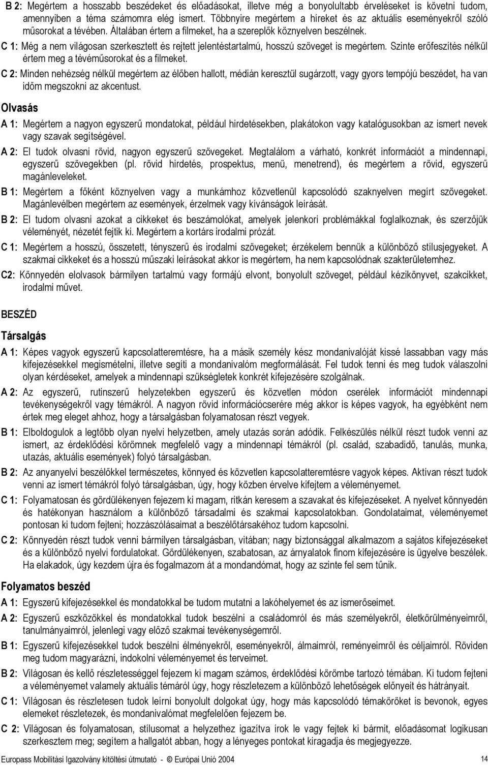 C 1: Még a nem világosan szerkesztett és rejtett jelentéstartalmú, hosszú szöveget is megértem. Szinte erőfeszítés nélkül értem meg a tévéműsorokat és a filmeket.