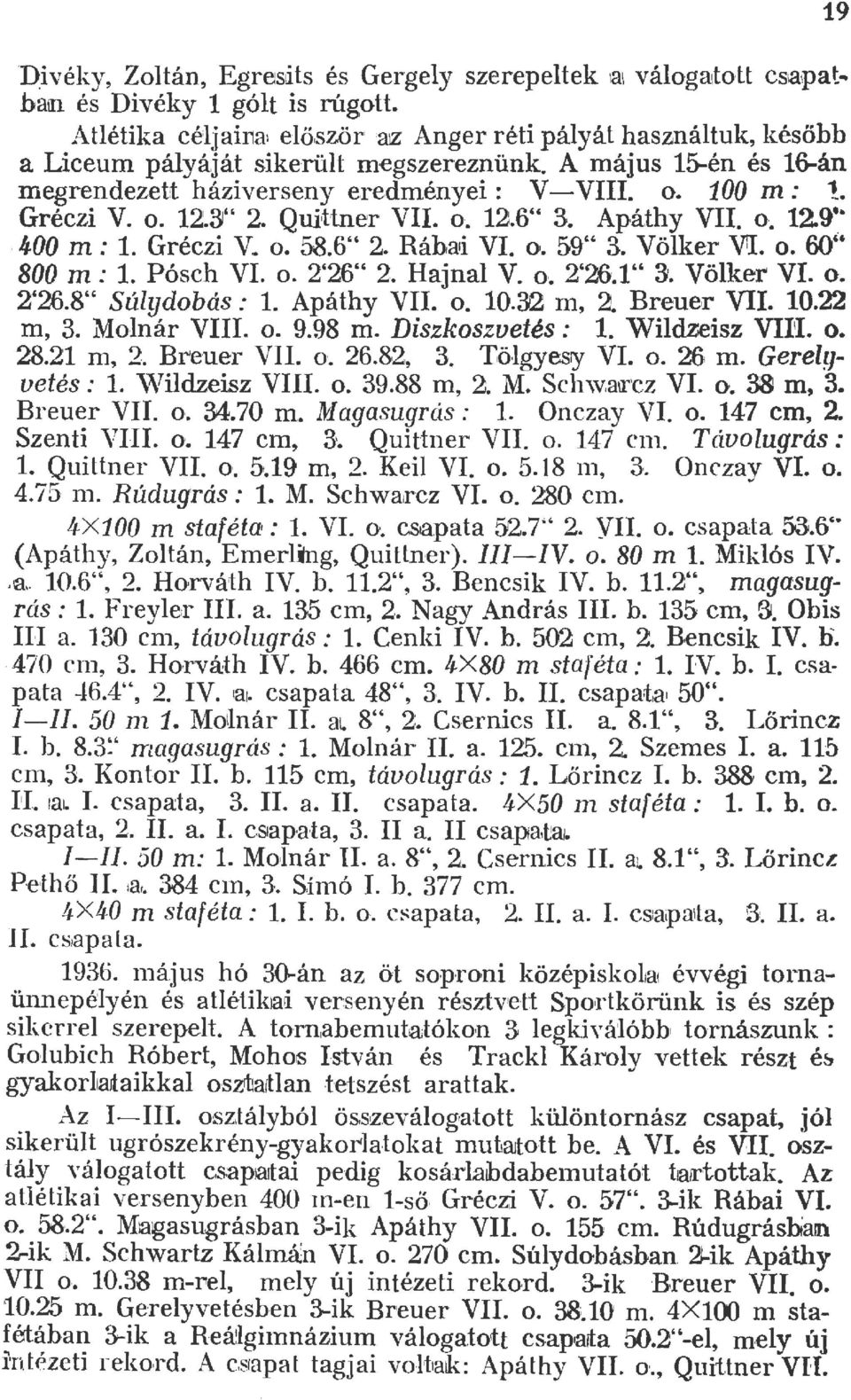 Vöker W. o. 60" 800 m: 1. Pósch VI. o. '6". Hajna V. o. '6.1" 3. Vöker VI. o. '6.8" Súydobás: 1. Apáthy VII. o. 10.3 m,. Breuer VII. 10. m, 3. Monár VIII. o. 9.98 m. Diszkoszvetés : 1. Widreisz VII'I.