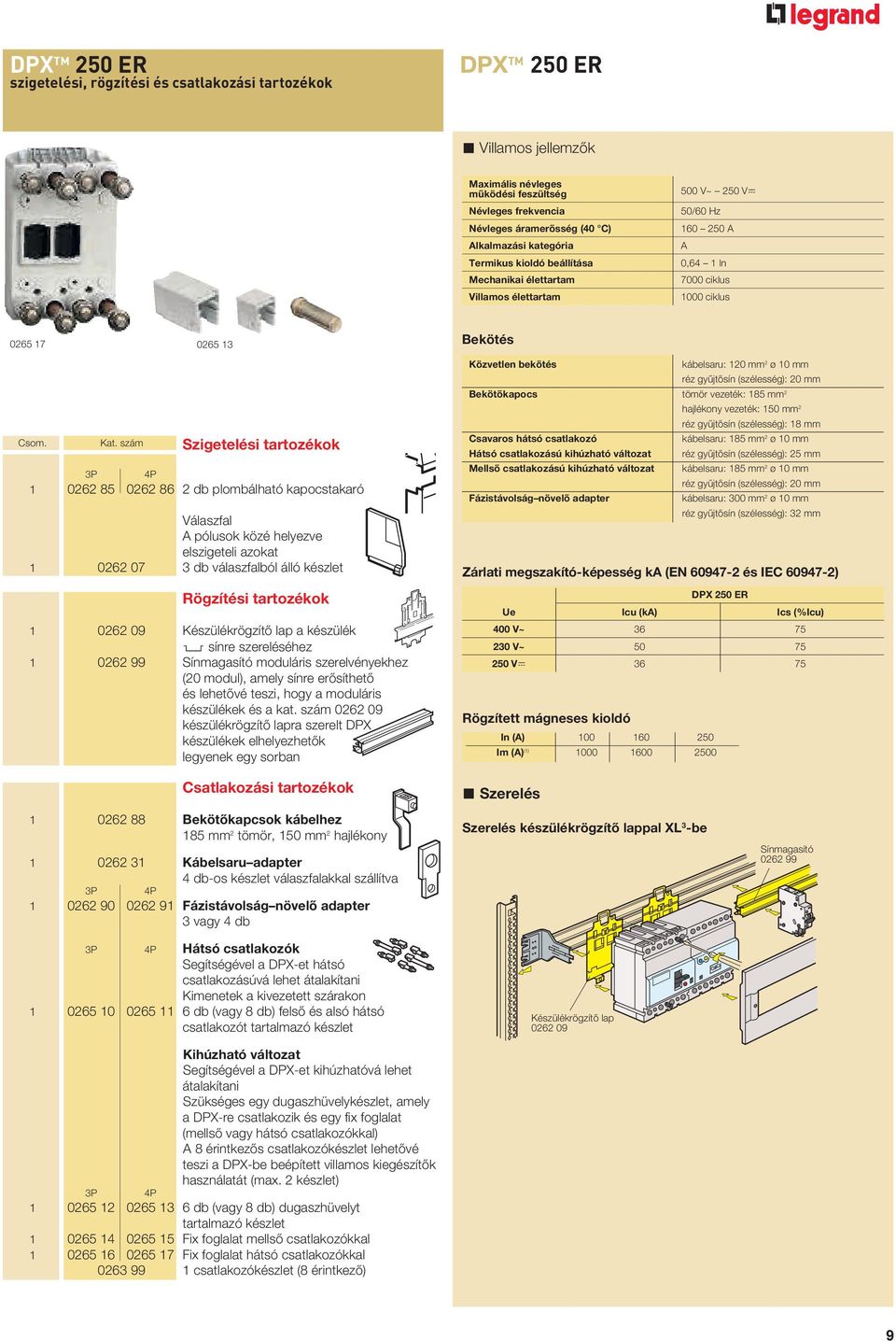 szám Szigetelési tartozékok P 4P 0262 85 0262 86 2 db plombálható kapocstakaró Válaszfal A pólusok közé helyezve elszigeteli azokat 0262 07 db válaszfalból álló készlet Rögzítési tartozékok 0262 09