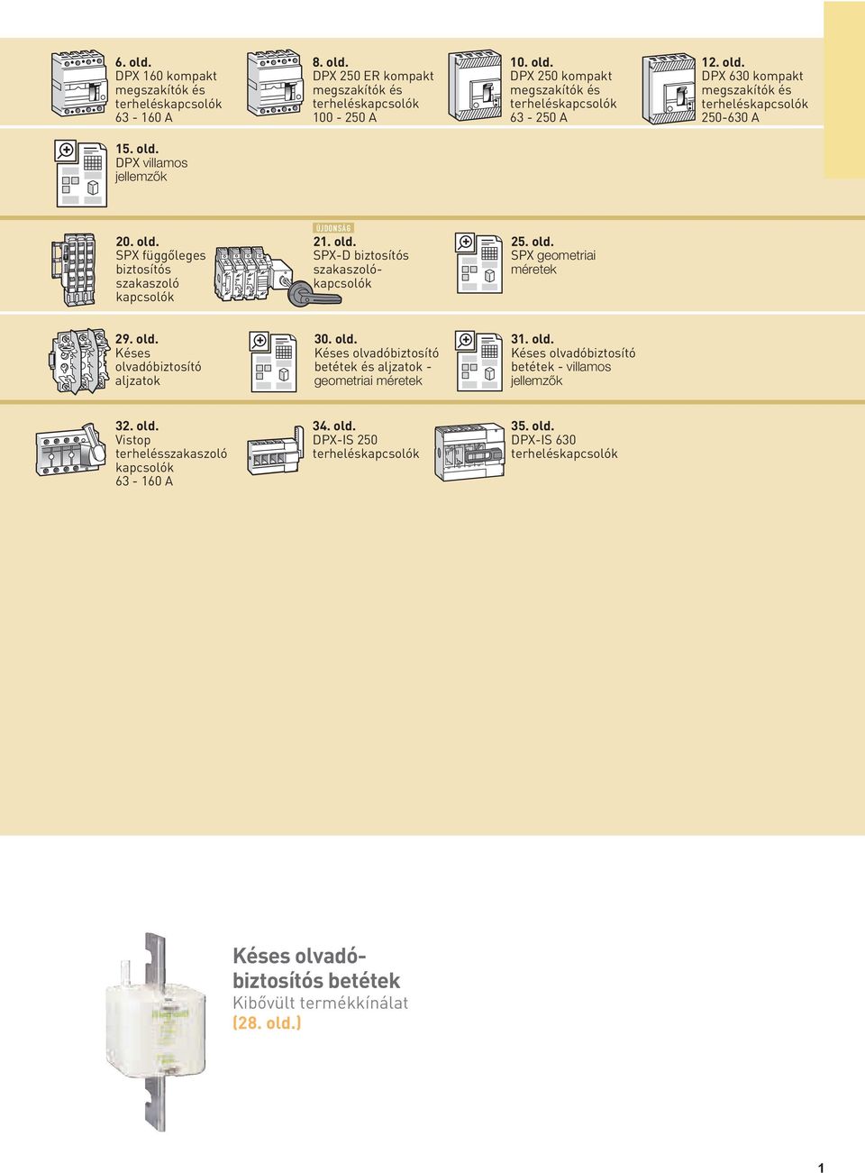 old. SPX geometriai méretek 29. old. Késes olvadóbiztosító aljzatok 0. old. Késes olvadóbiztosító betétek és aljzatok - geometriai méretek. old. Késes olvadóbiztosító betétek - villamos jellemzők 2.