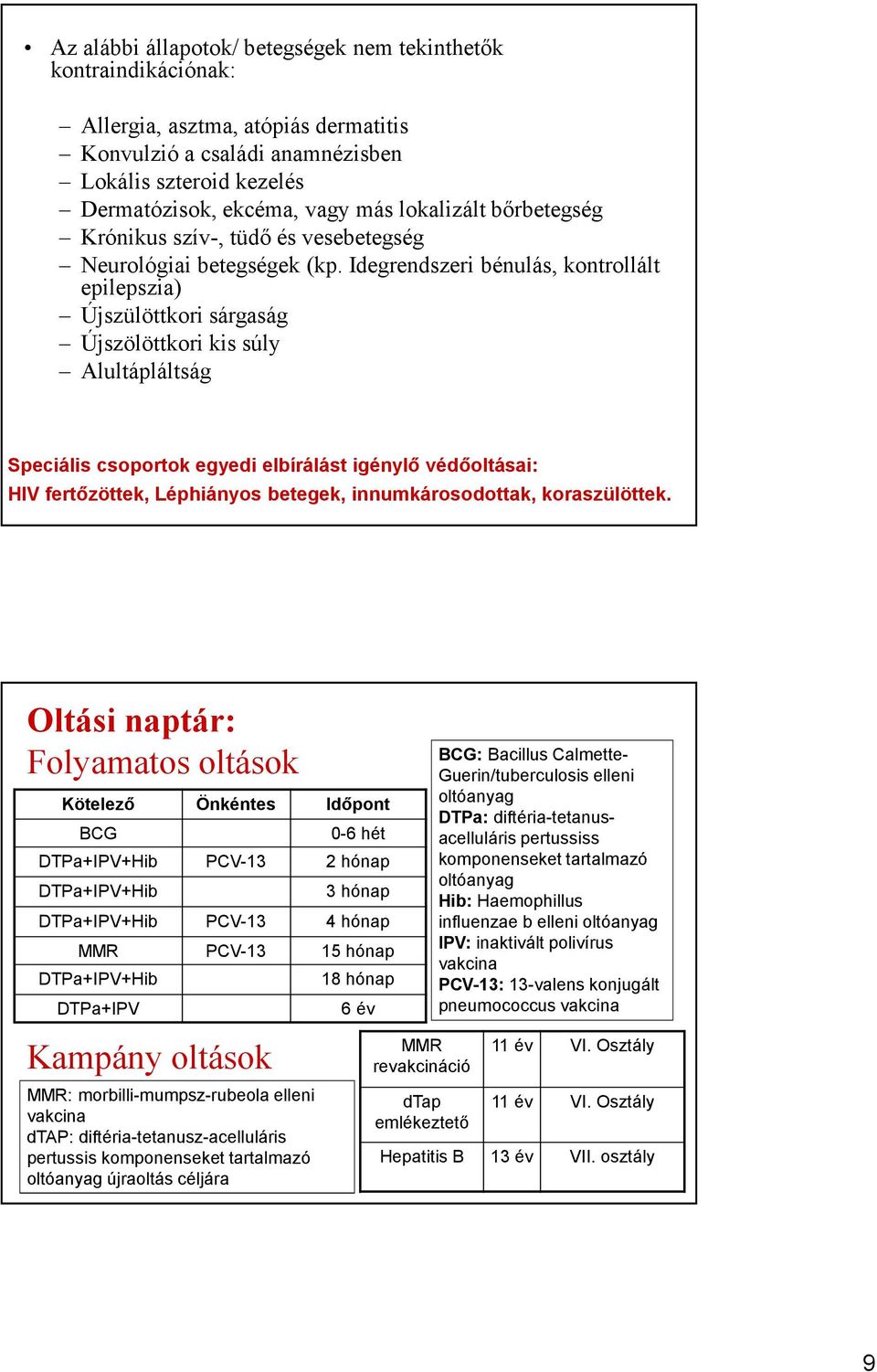 Idegrendszeri bénulás, kontrollált epilepszia) Újszülöttkori sárgaság Újszölöttkori kis súly Alultápláltság Speciális csoportok egyedi elbírálást igénylő védőoltásai: HIV fertőzöttek, Léphiányos