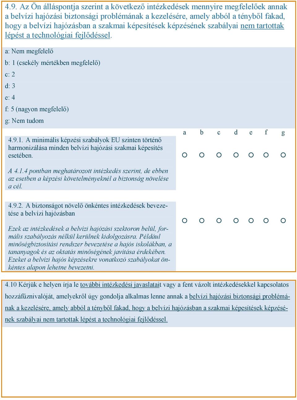 (csekély mértékben megfelelő) c: 2 d: 3 e: 4 f: 5 (nagyon megfelelő) g: Nem tudom 4.9.1.