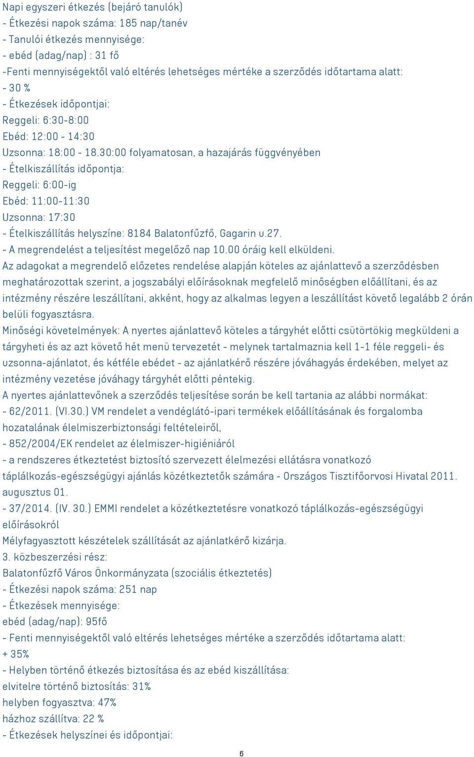 30:00 folyamatosan, a hazajárás függvényében - Ételkiszállítás időpontja: Reggeli: 6:00-ig Ebéd: 11:00-11:30 Uzsonna: 17:30 - Ételkiszállítás helyszíne: 8184 Balatonfűzfő, Gagarin u.27.