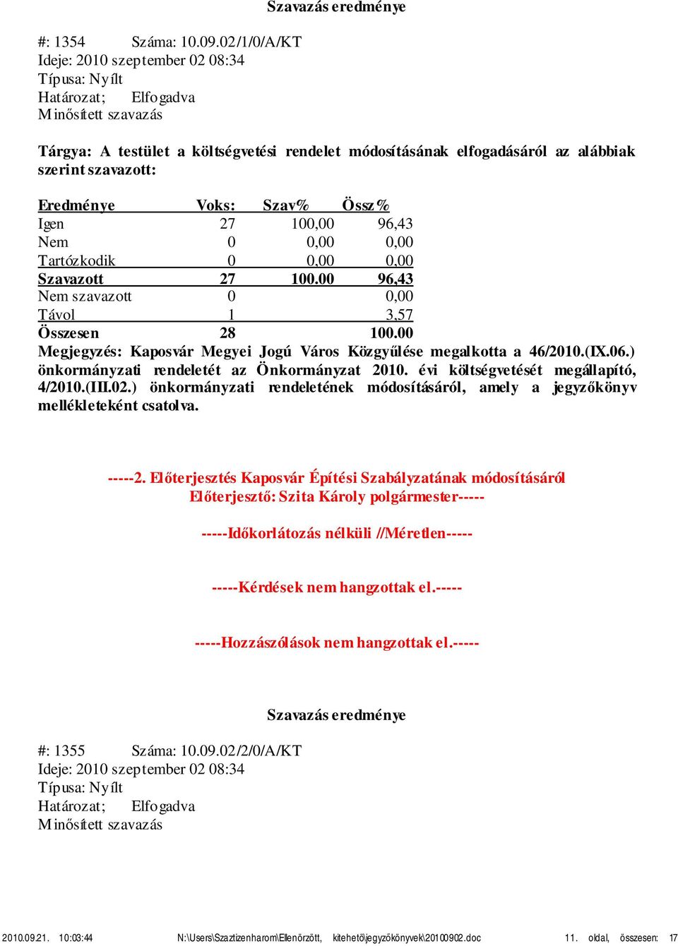 0 0,00 0,00 Megjegyzés: Kaposvár Megyei Jogú Város Közgyűlése megalkotta a 46/2010.(IX.06.) önkormányzati rendeletét az Önkormányzat 2010. évi költségvetését megállapító, 4/2010.(III.02.