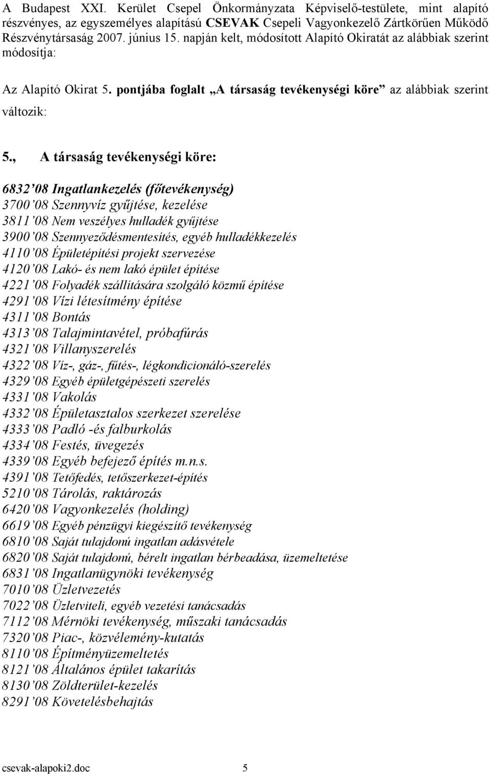 , A társaság tevékenységi köre: 6832 08 Ingatlankezelés (főtevékenység) 3700 08 Szennyvíz gyűjtése, kezelése 3811 08 Nem veszélyes hulladék gyűjtése 3900 08 Szennyeződésmentesítés, egyéb