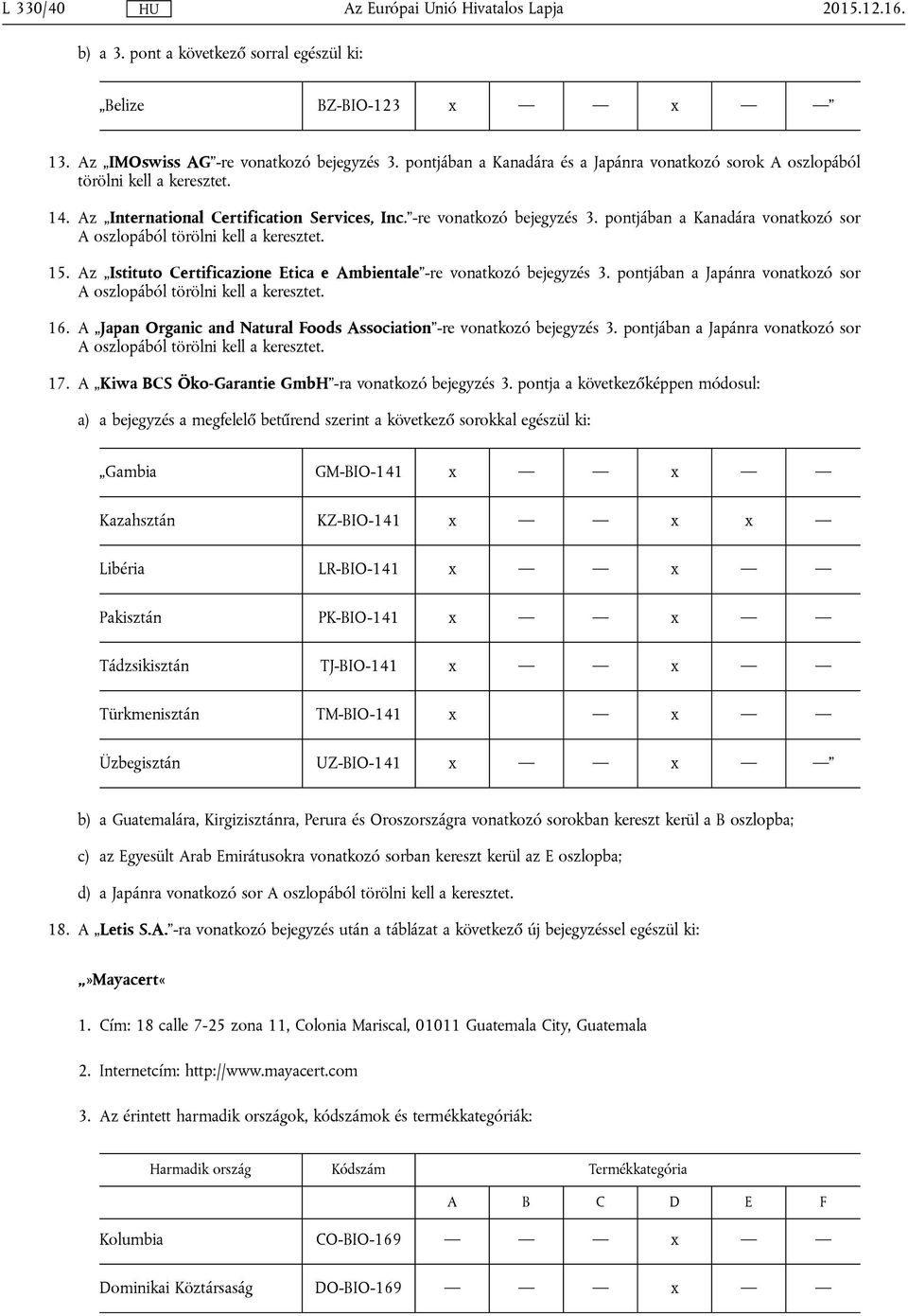 pontjában a Kanadára vonatkozó sor A oszlopából törölni kell a keresztet. 15. Az Istituto Certificazione Etica e Ambientale -re vonatkozó bejegyzés 3.