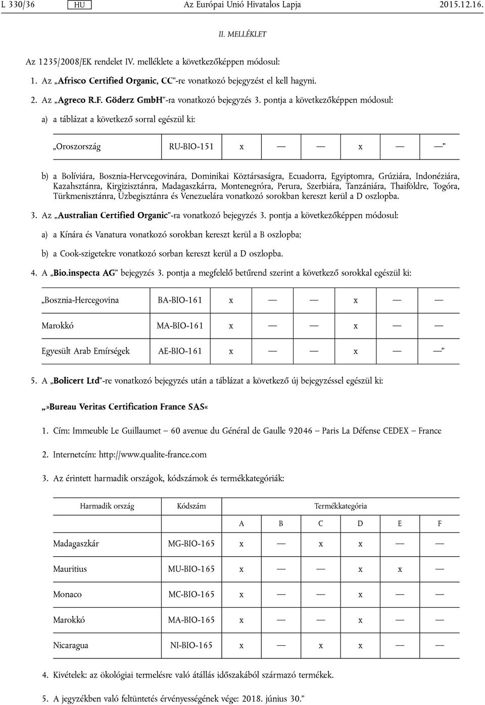 pontja a következőképpen módosul: a) a táblázat a következő sorral egészül ki: Oroszország RU-BIO-151 x x b) a Bolíviára, Bosznia-Hervcegovinára, Dominikai Köztársaságra, Ecuadorra, Egyiptomra,