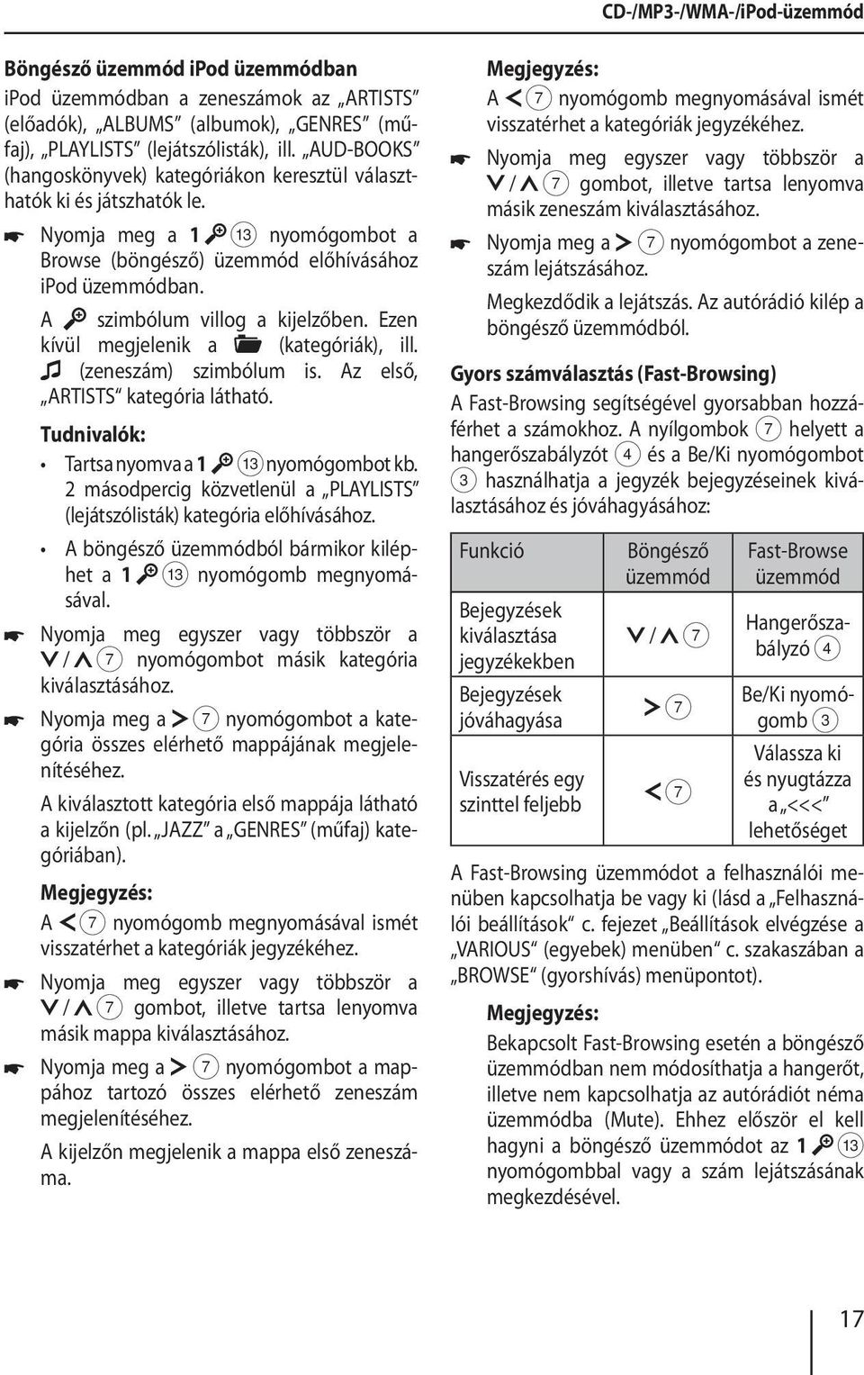 A szimbólum villog a kijelzőben. Ezen kívül megjelenik a (kategóriák), ill. (zeneszám) szimbólum is. Az első, ARTISTS kategória látható. Tartsa nyomva a 1 = nyomógombot kb.