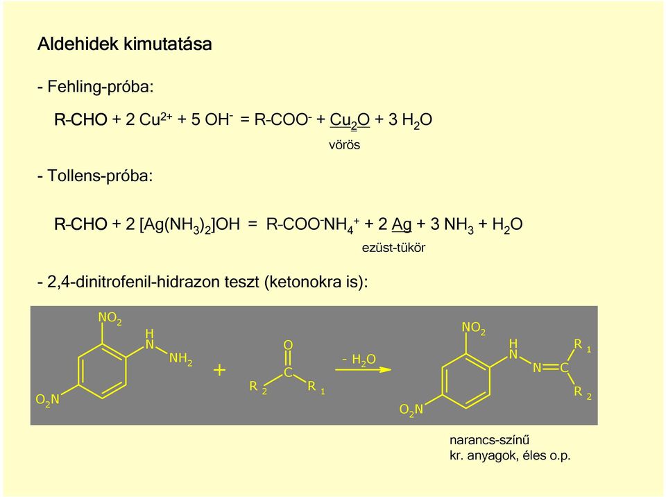 2-2,4-dinitrofenil-hidrazon teszt (ketonokra is): ezüst-tükör N 2