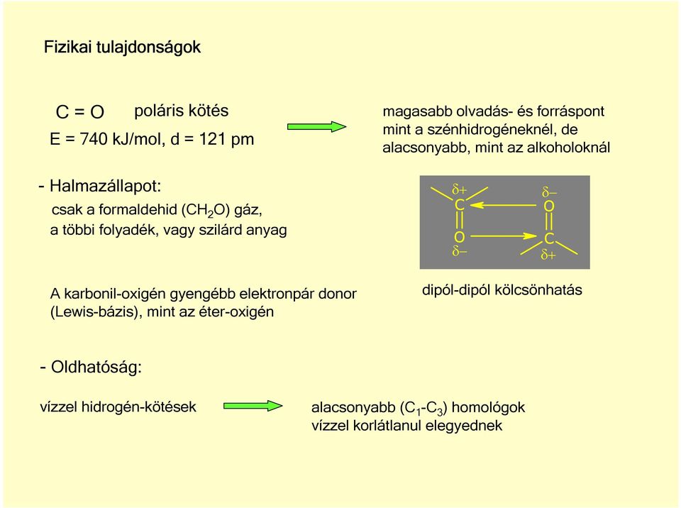 folyadék, vagy szilárd anyag δ+ δ δ δ+ A karbonil-oxigén gyengébb elektronpár donor (Lewis-bázis), mint az