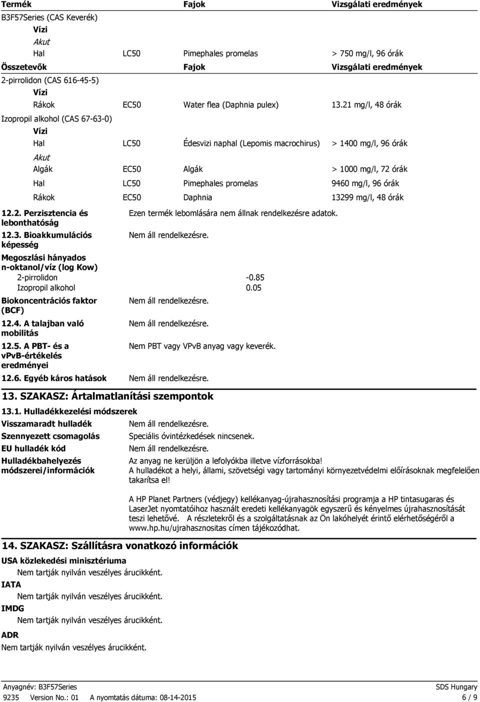 21 mg/l, 48 órák Izopropil alkohol (CAS 67630) Vízi Hal LC50 Édesvizi naphal (Lepomis macrochirus) > 1400 mg/l, 96 órák Algák EC50 Algák > 1000 mg/l, 72 órák Hal LC50 Pimephales promelas 9460 mg/l,